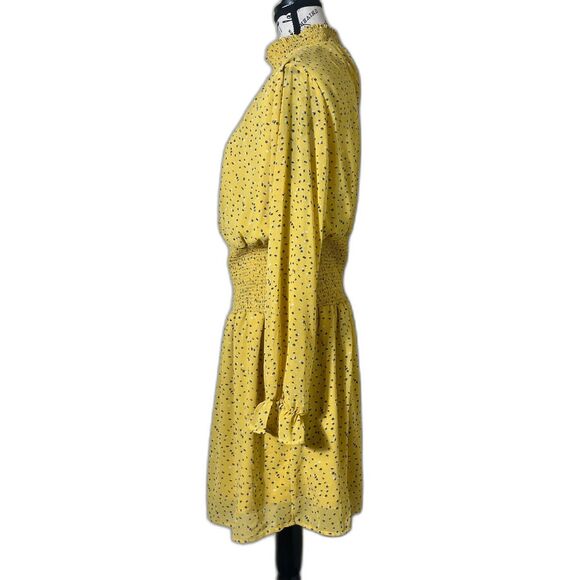 She & Sky Smocked Neck Yellow Print Dress Ruffled Long Sleeve Med Cottage BOHO - Picture 3 of 11